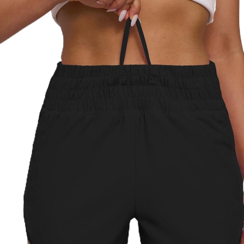Black Women's High Waisted Athletic Shorts with Pockets, Breathable, Mesh Liner,